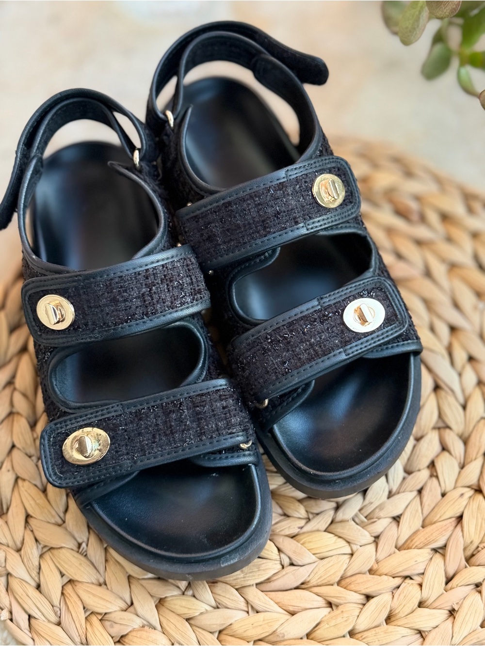 H&M Black Tweed Dad Sandals with Gold-closures.